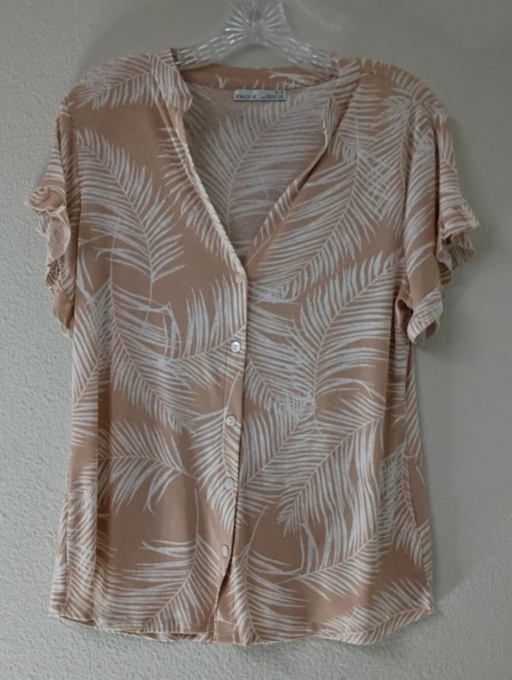 Kaily K Lightweight Tan Palm-Print Button Front Women's Top